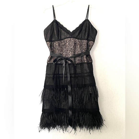 NWOT BCBG MaxAzria Black Lace and Feather Tiered Evening Dress - Picture 3 of 13